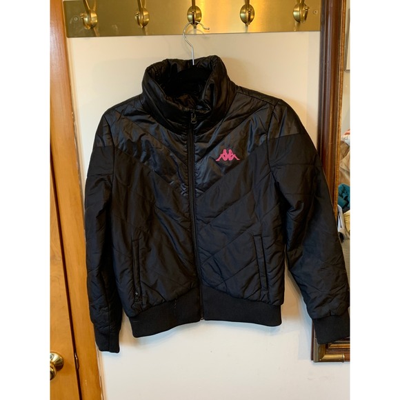 Kappa Jackets & Blazers - Kappa Womens Black Quilted Puffer Jacket Pink Logo Full Zip Bomber Medium